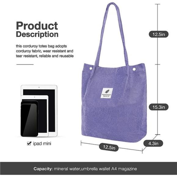 Tote Corduroy Bag Women's Shoulder Purses for Office School Shopping Travel Grey - Picture 3 of 6